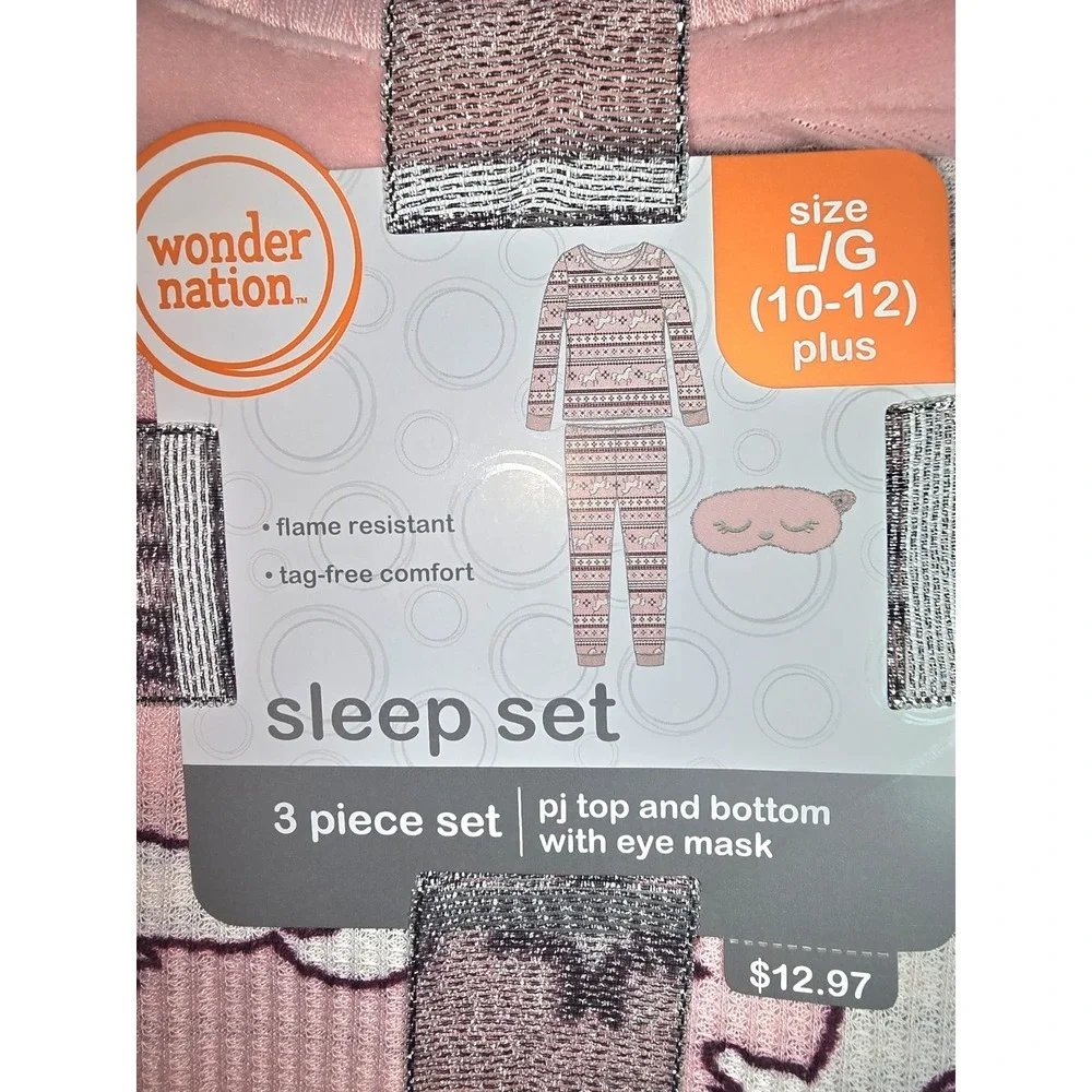 Girls Unicorn 3 pc Sleep Set Pajama Pant Top Mask Pink Large 10/12 Plus‎